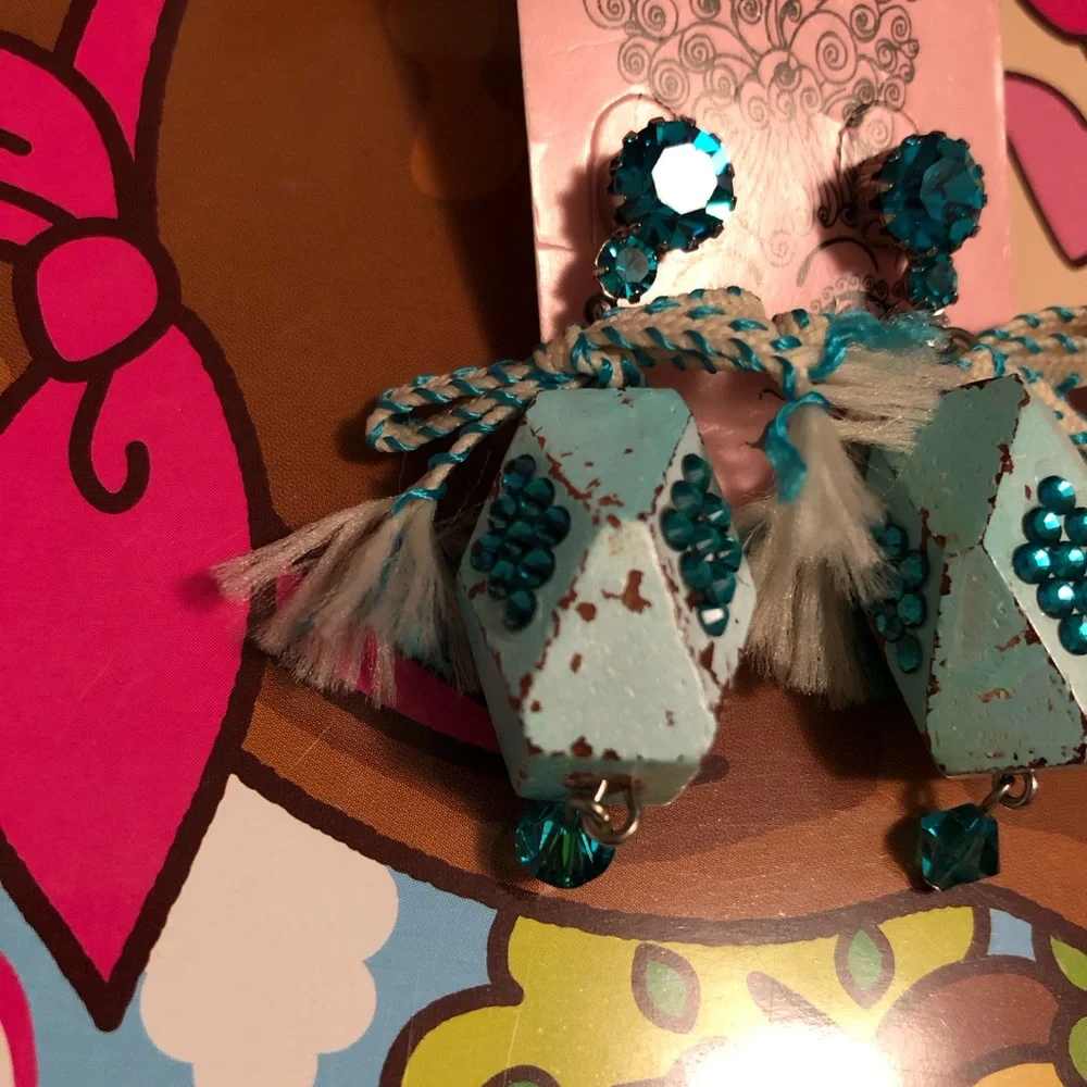 Tilt-a-Whirl Midnight CiRcUs ribbon Swarovski crystals wood beads earrings